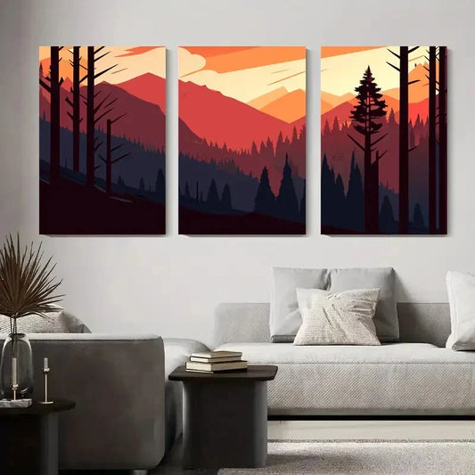 3pcs Vibrant Sunset Mountain Landscape Abstract Metal Print Ready to Hang Art