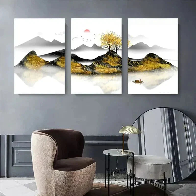 3pcs Mountain, River, and Tree Nature Scene Metal Print Ready to Hang Art