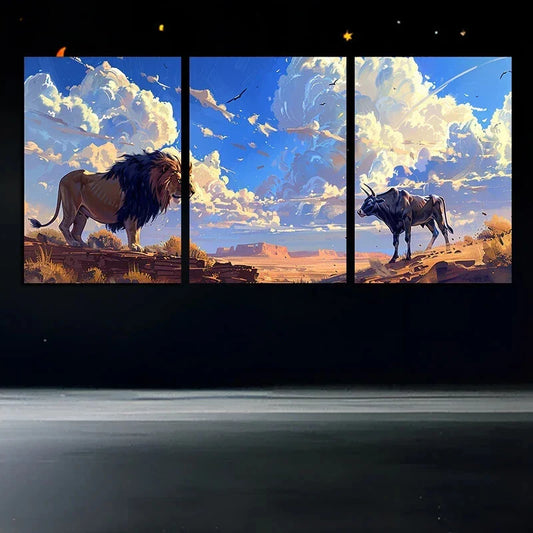3pcs Lion and Cow White Clouds Blue Sky Metal Print Ready to Hang Art