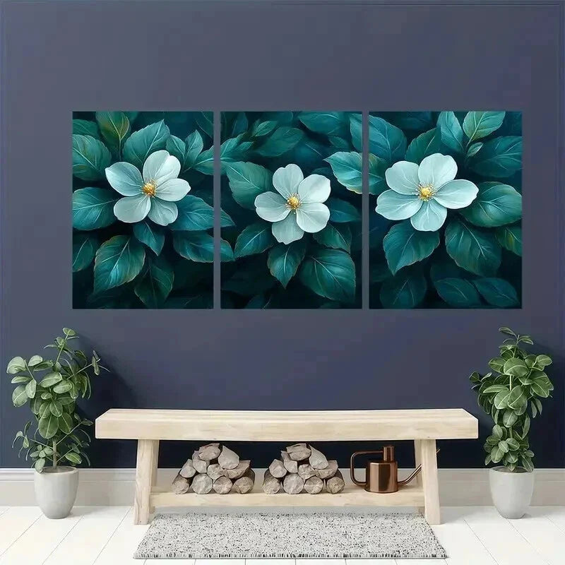 3pcs Green Leaves & White Flowers Decoration Wall Art Set Canvas Framed 40x60cm - High Quality Print 100% Australian Made Wall Canvas Ready to Hang