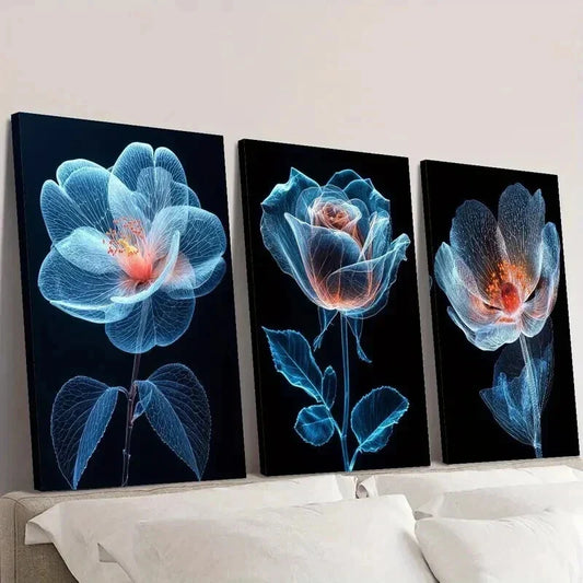 3pcs Crystal Rose Flower on Dark Background Wall Art Set Canvas Framed 40x60cm - High Quality Print 100% Australian Made Wall Canvas Ready to Hang