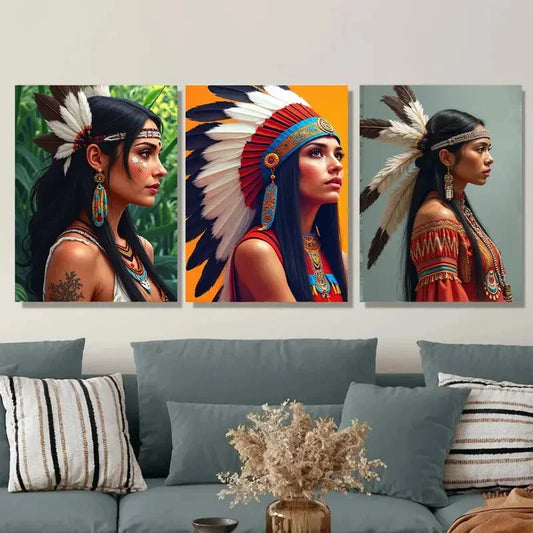 3pcs Native American Themes Girl Wall Art Set Canvas Framed 40x60cm - High Quality Print 100% Australian Made Wall Canvas Ready to Hang