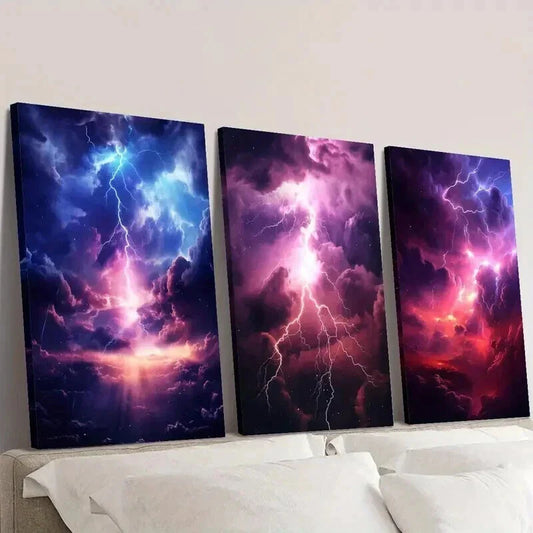 3pcs Abstract Purple and Blue Lightning Clouds Wall Art Set Canvas Framed 40x60cm - High Quality Print 100% Australian Made Wall Canvas Ready to Hang