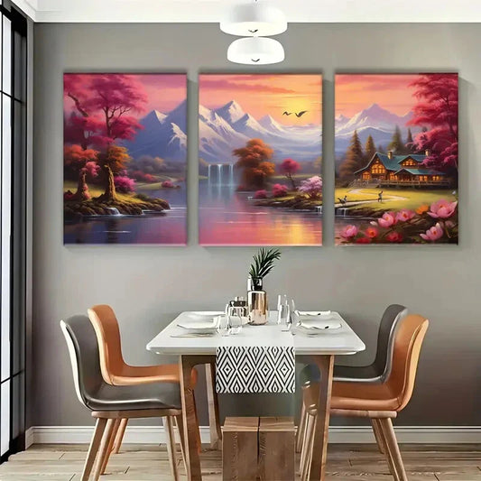 3pcs Rustic Scenic Mountain and Lake Sunset Metal Print Ready to Hang Art