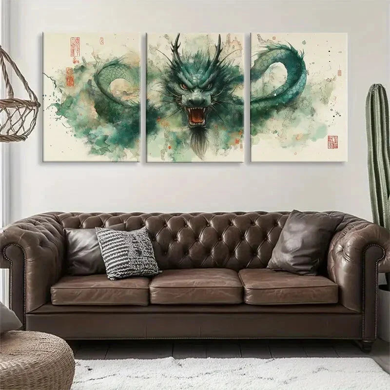 3pcs Majestic Green Dragon with Flowing Perfect Wall Art Set Canvas Framed 40x60cm - High Quality Print 100% Australian Made Wall Canvas Ready to Hang