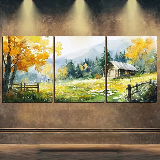 3pcs Beautiful Autumn Scenery Log Cabin Perfect Wall Art Set Canvas Framed 40x60cm - High Quality Print 100% Australian Made Wall Canvas Ready to Hang