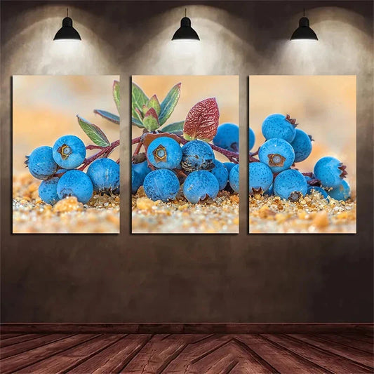 3pcs Vibrant Blueberries and Black Butterflies Metal Print Ready to Hang Art