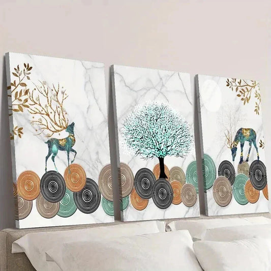 3pcs Ginkgo Leaf Golden Geometric Elk Wall Art Set Canvas Framed 40x60cm - High Quality Print 100% Australian Made Wall Canvas Ready to Hang