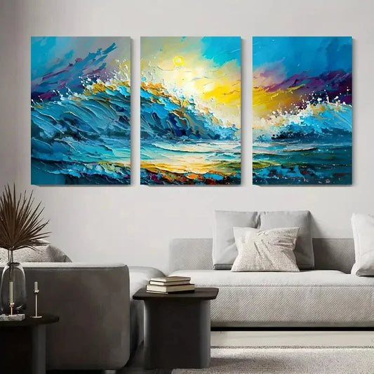 3pcs Abstract Seascape Vibrant Ocean Waves Metal Print Ready to Hang Art