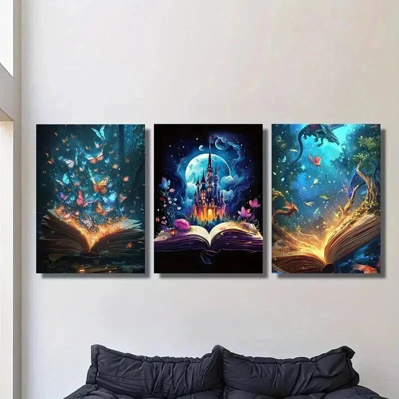 3pcs Magical Creatures Book Butterflies & Castle Wall Art Set Canvas Framed 40x60cm - High Quality Print 100% Australian Made Wall Canvas Ready to Hang