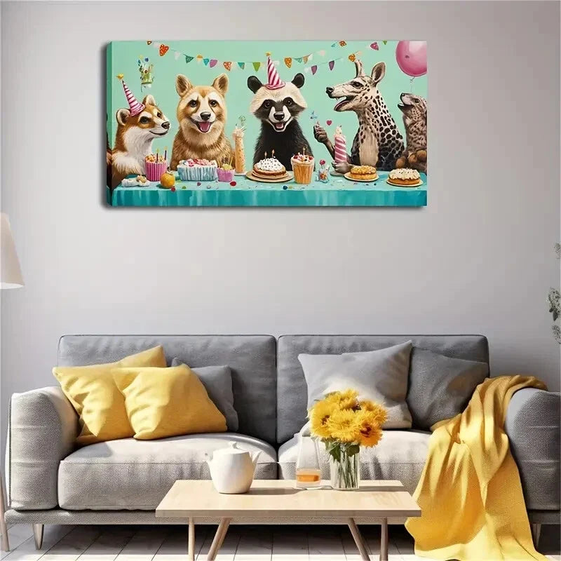 Happy Party Of Animals Perfect Wall Art Canvas Office Home Room Framed 80x45cm