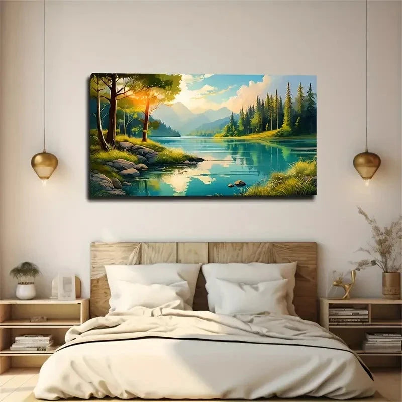 Serene Forest Lake Landscape Wall Art Canvas Office Home Room Framed 120x60cm