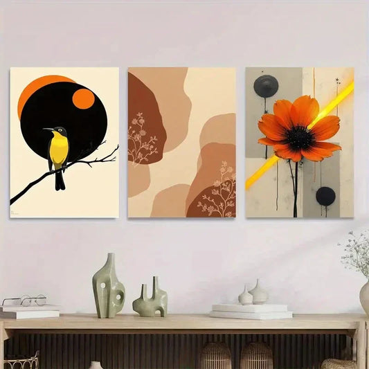 3pcs Modern Abstract Bird Vibrant Orange & Yellow Metal Print Ready to Hang Art