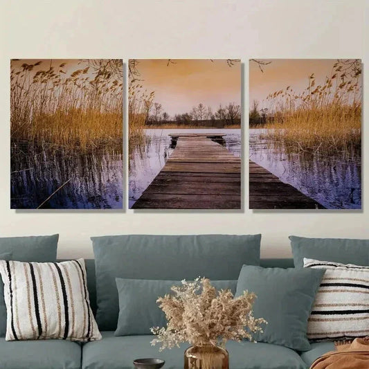 3pcs Scenic Lake Sunset Triptych paintings Wall Art Set Canvas Framed 40x60cm - High Quality Print 100% Australian Made Wall Canvas Ready to Hang