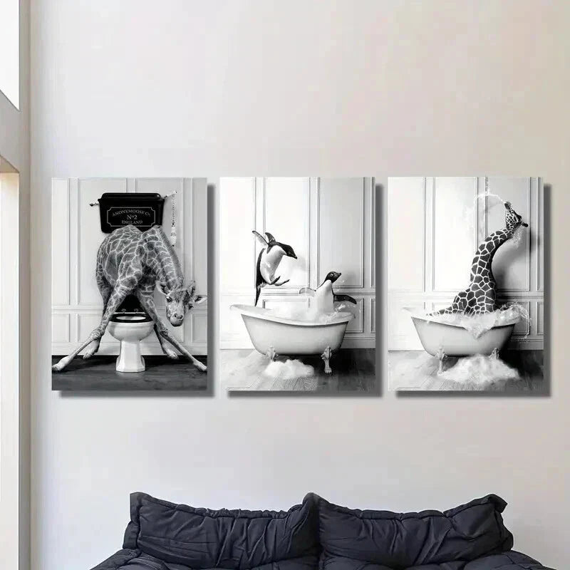3pcs Black & White Giraffe & Penguin in Bathtub Wall Art Set Canvas Framed 40x60cm - High Quality Print 100% Australian Made Wall Canvas Ready to Hang