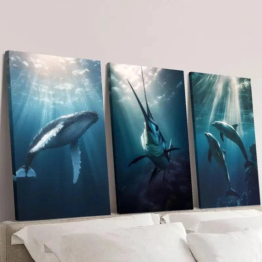 3pcs Diving Whale Swordfish & Dolphins Wall Art Set Canvas Framed 40x60cm - High Quality Print 100% Australian Made Wall Canvas Ready to Hang