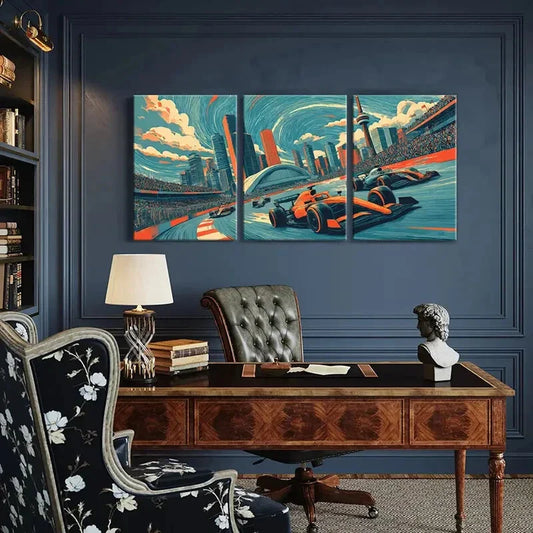 3pcs Cityscape Racing Art Formula One Cars Metal Print Ready to Hang Art