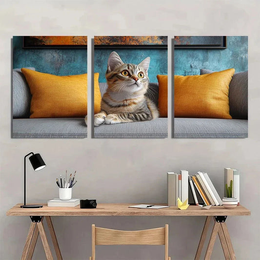 3pcs Cat Gray and White Yellow Eyes Metal Print Ready to Hang Art