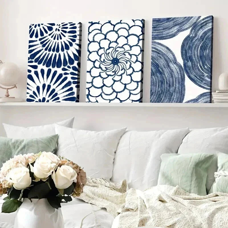 3pcs Abstract Geometric Navy Blue Floral Design Wall Art Set Canvas Framed 40x60cm - High Quality Print 100% Australian Made Wall Canvas Ready to Hang