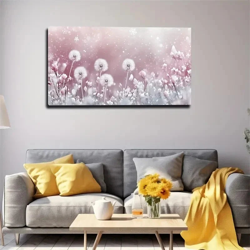 Pink & White Dandelions Wall Art canvas office home room framed 120x60cm