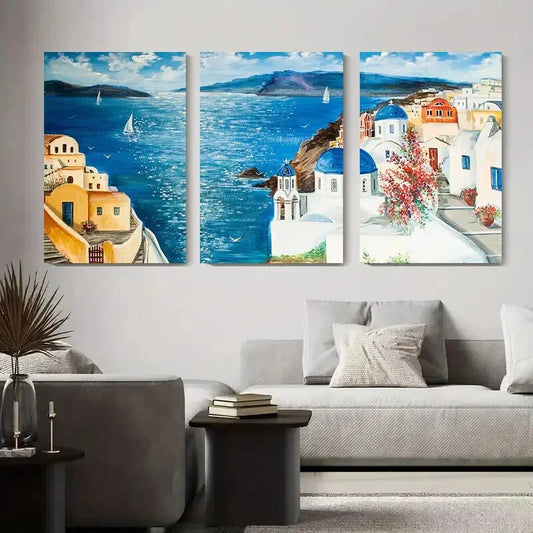 3pcs Blue Dome Architecture with Ocean Sailboats Metal Print Ready to Hang Art