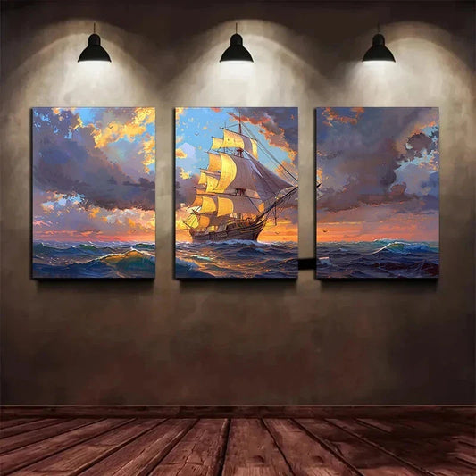 3pcs Ocean Voyage Blue Sky White Clouds Metal Print Ready to Hang Art