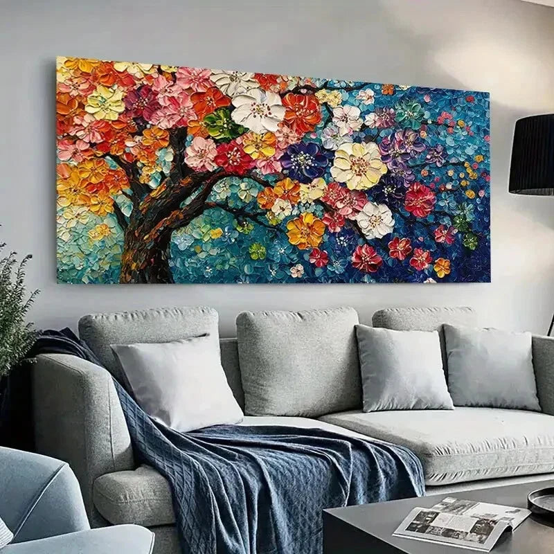Vibrant Colorful Tree Flowers Wall Art Canvas Office Home Room Framed 80x45cm