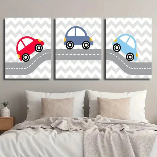 3pcs Cartoon Car Creative Transportation Metal Print Ready to Hang Art