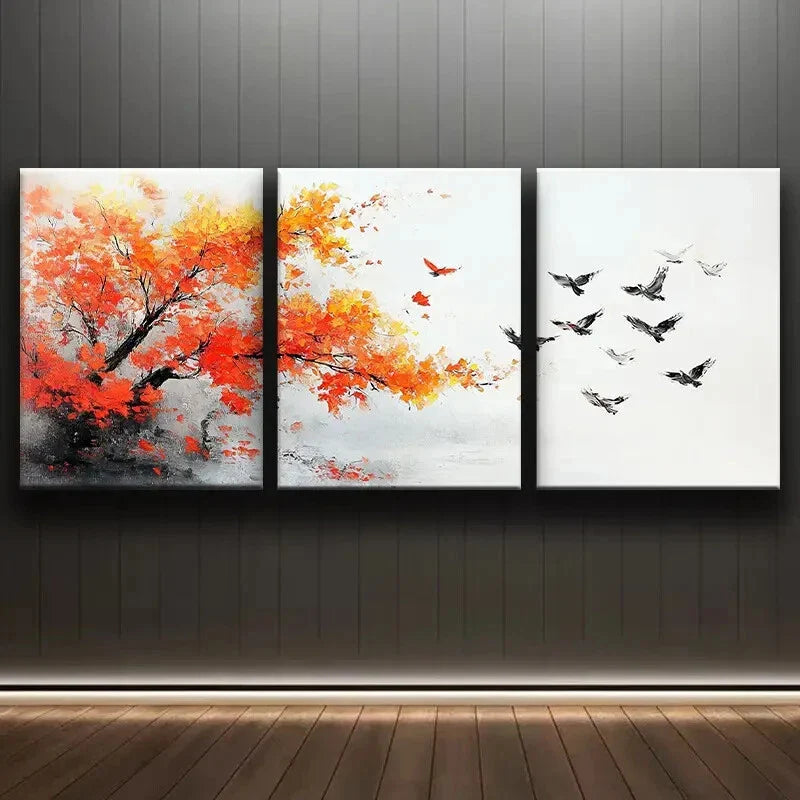 3pcs Colorful Autumn Tree and Birds Theme Wall Art Set Canvas Framed 40x60cm - High Quality Print 100% Australian Made Wall Canvas Ready to Hang
