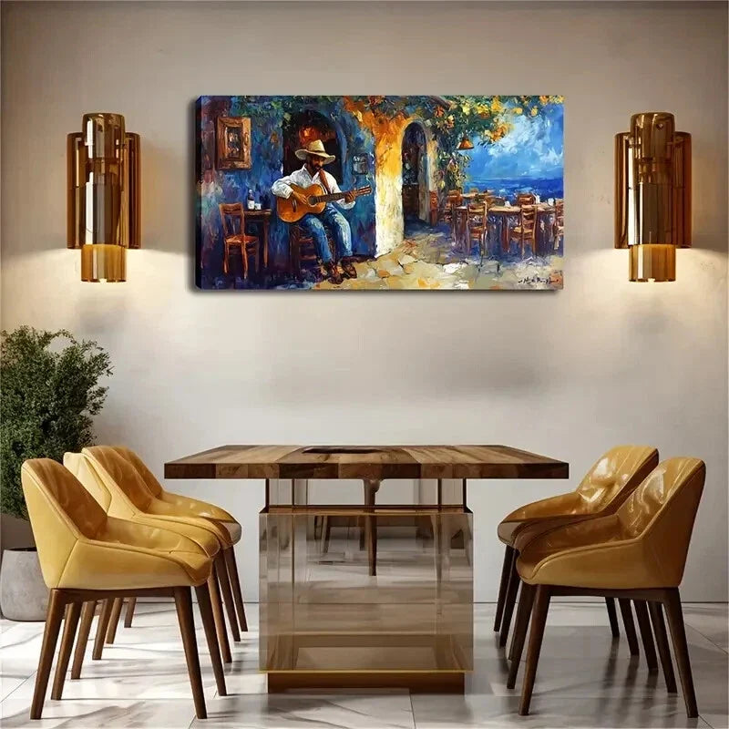 Man Playing The Guitar Cottage Wall Art Canvas Office Home Room Framed 120x60cm