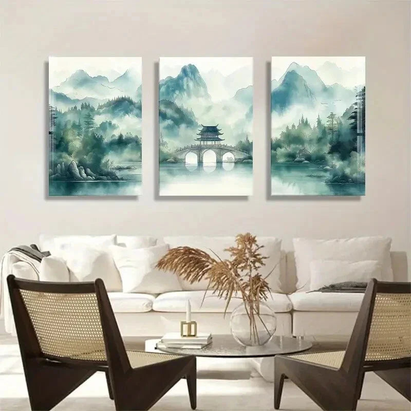 3pcs Serene Misty Mountain Bridge Lush Scene Wall Art Set Canvas Framed 40x60cm - High Quality Print 100% Australian Made Wall Canvas Ready to Hang