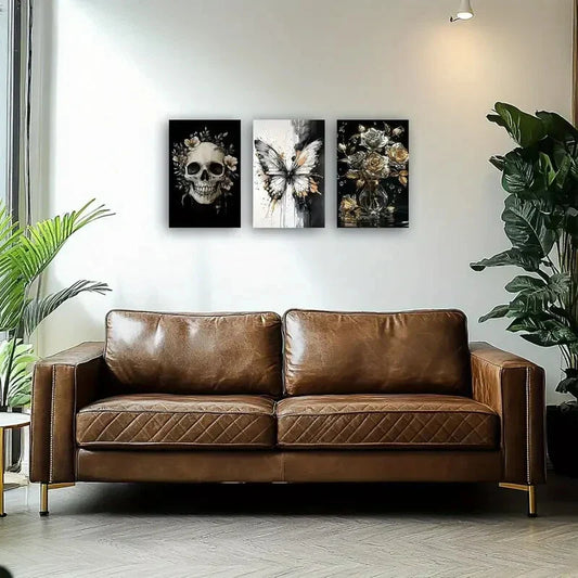 3pcs Playful Black Cat Bathtub with Green Plant Metal Print Ready to Hang Art