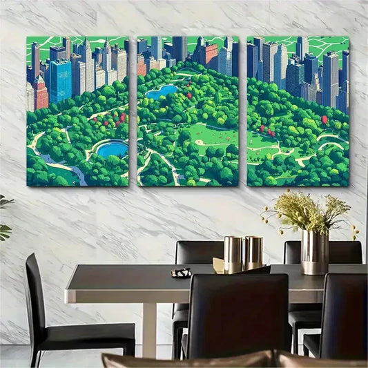 3pcs Cityscape with Lush Greenery and Scenic Metal Print Ready to Hang Art