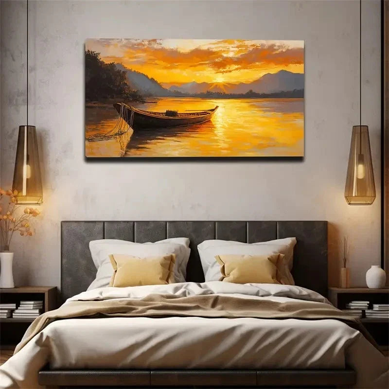 Dusk On The Lake Boat Wall Art canvas office home room framed 120x60cm