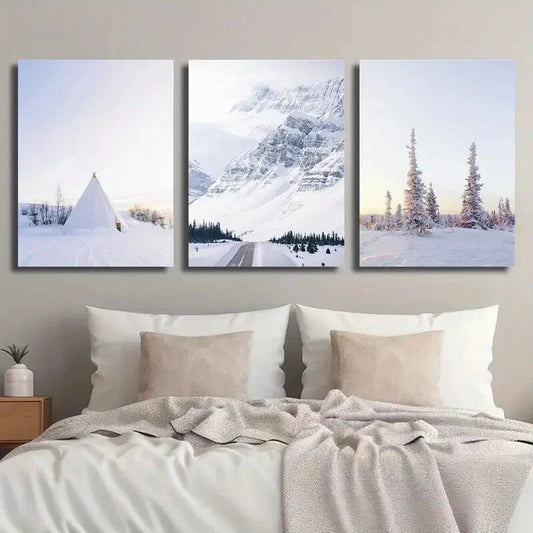 3pcs White Tepee Tent Covered Snow Hills Metal Print Ready to Hang Art