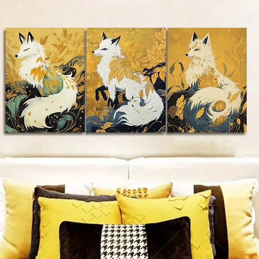 3pcs A platinum fox Art Painting Metal Print Ready to Hang Art