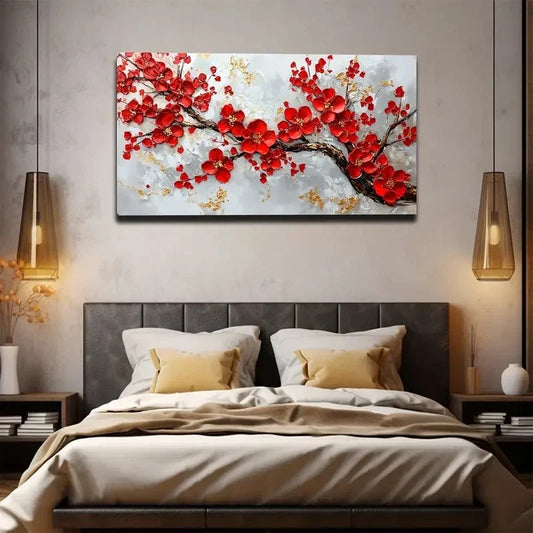 Vibrant Red Blooms And Golden Wall Art canvas office home room framed 120x60cm