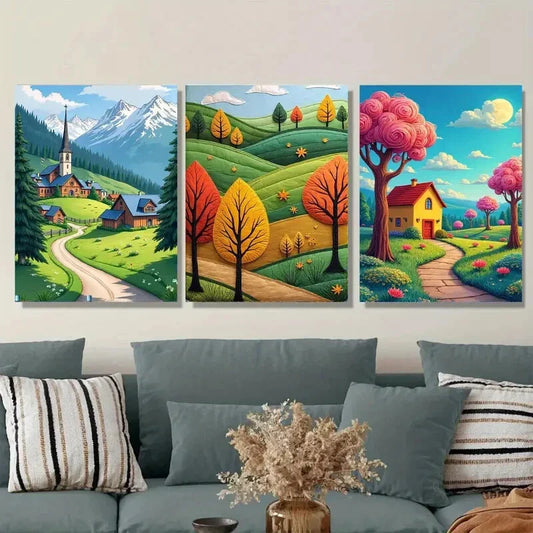 3pcs Scenic Village & Mountain Landscape Metal Print Ready to Hang Art