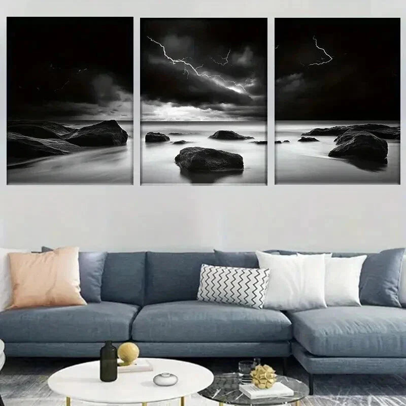 3pcs Black and White Stormy Ocean Landscape Wall Art Set Canvas Framed 40x60cm - High Quality Print 100% Australian Made Wall Canvas Ready to Hang