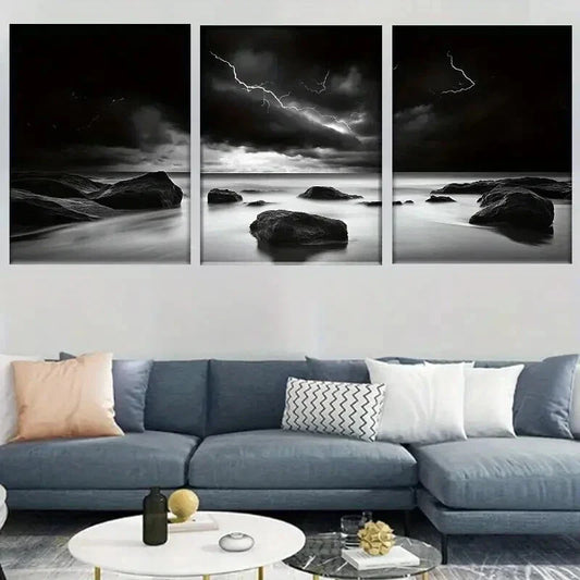 3pcs Black and White Stormy Ocean Landscape Wall Art Set Canvas Framed 40x60cm - High Quality Print 100% Australian Made Wall Canvas Ready to Hang