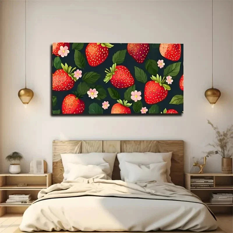 Vibrant Red Green Strawberries Wall Art Canvas Office Home Room Framed 120x60cm