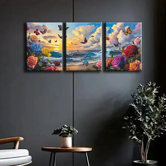 3pcs Vibrant Roses and Butterflies Beach Perfect Wall Art Set Canvas Framed 40x60cm - High Quality Print 100% Australian Made Wall Canvas Ready to Hang