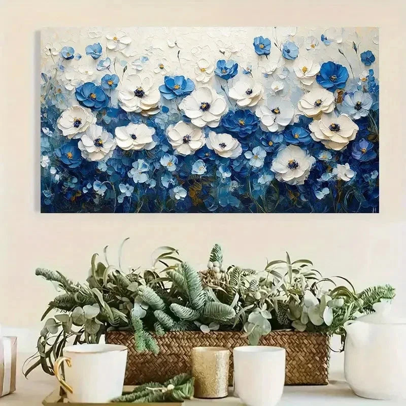 White & Blue Abstract Floral Wall Art Canvas Office Home Room Framed 80x45cm