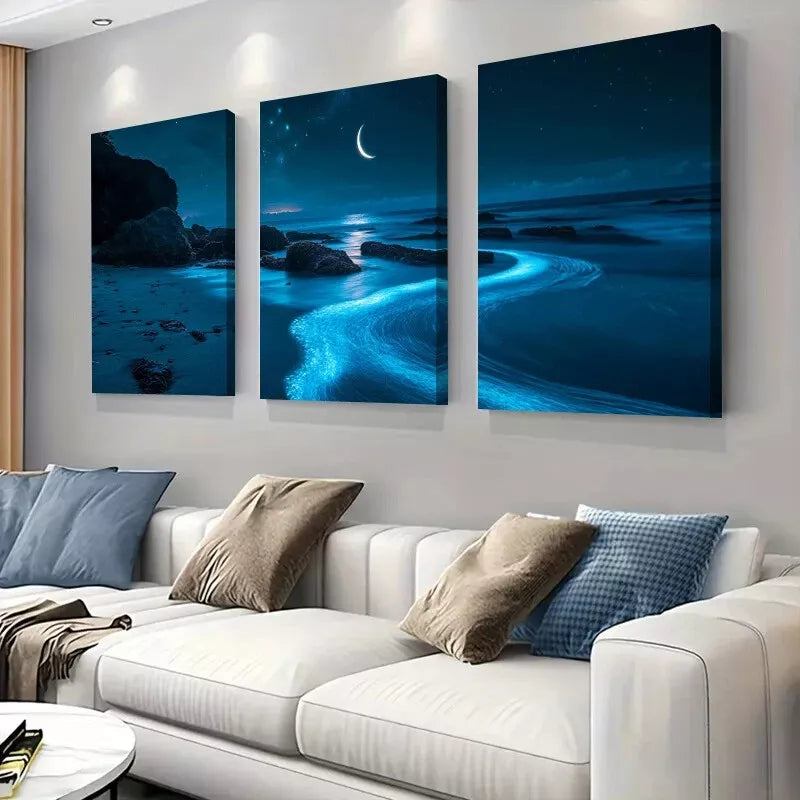3pcs Mystical Ocean Moonlit Bioluminescent Beach Wall Art Set Canvas Framed 40x60cm - High Quality Print 100% Australian Made Wall Canvas Ready to Hang