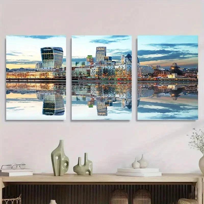 3pcs Urban Skyline Reflection Painting Metal Print Ready to Hang Art