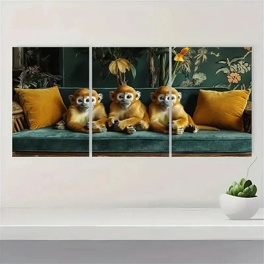 3pcs Vintage Golden Jungle Monkeys Metal Print Ready to Hang Art