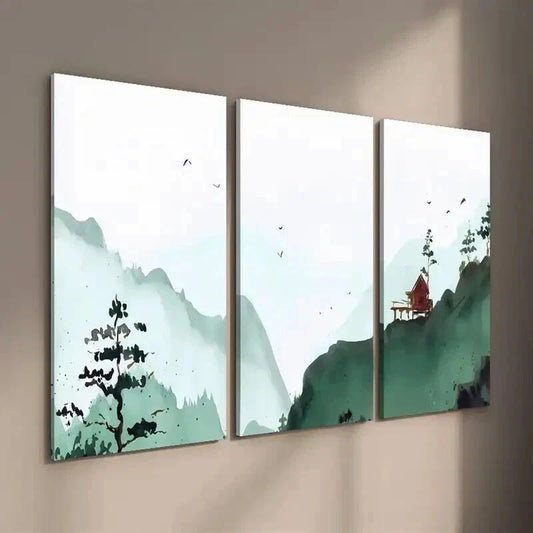 3pcs Abstract Green Landscape with Red Bench Wall Art Set Canvas Framed 40x60cm - High Quality Print 100% Australian Made Wall Canvas Ready to Hang