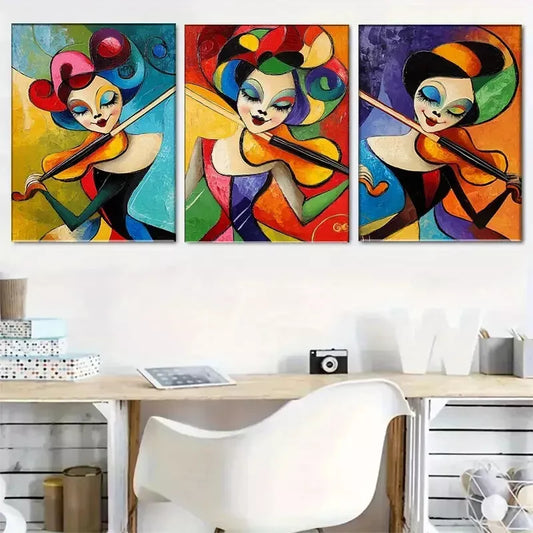 3pcs Colorful and lively Abstract Violinist Wall Art Set Canvas Framed 40x60cm - High Quality Print 100% Australian Made Wall Canvas Ready to Hang