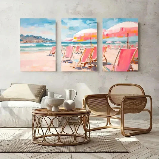 3pcs Umbrella Tents in Beach Decoration Wall Art Set Canvas Framed 40x60cm - High Quality Print 100% Australian Made Wall Canvas Ready to Hang
