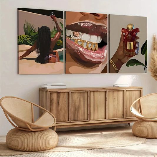 3pcs Woman Art Black Girl Green Leaves Red Gold Wall Art Set Canvas Framed 40x60cm - High Quality Print 100% Australian Made Wall Canvas Ready to Hang